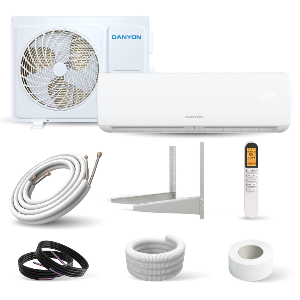 Klimaanlage mit Inneneinheit und Leitungen, Wandhalter und Zubehör