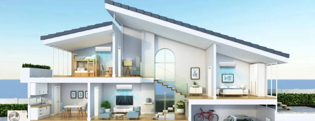 Illustration - Querschnitt eines Hauses mit Klimaanlagen