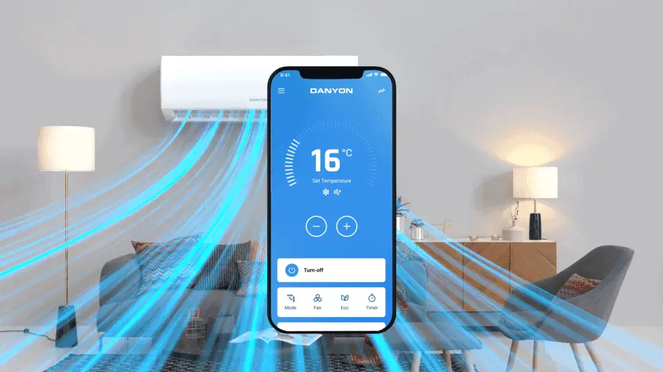 Moderne Danyon Klimaanlage mit Smartphone-Steuerung für effiziente Raumklimatisierung.